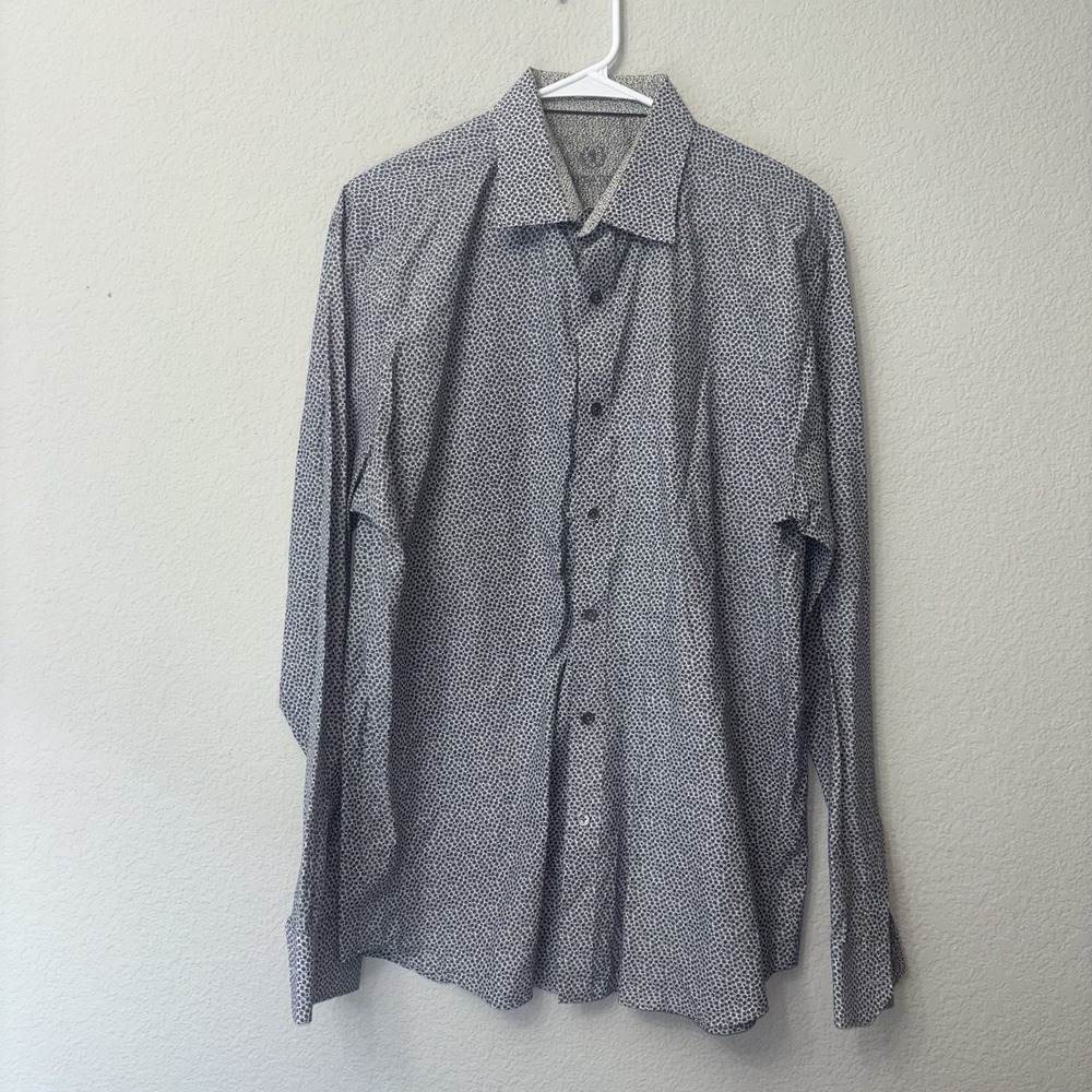 Bugatchi Men's Shaped Fit Button Up Shirt Size Large L Blue Pattern Dress Shirt